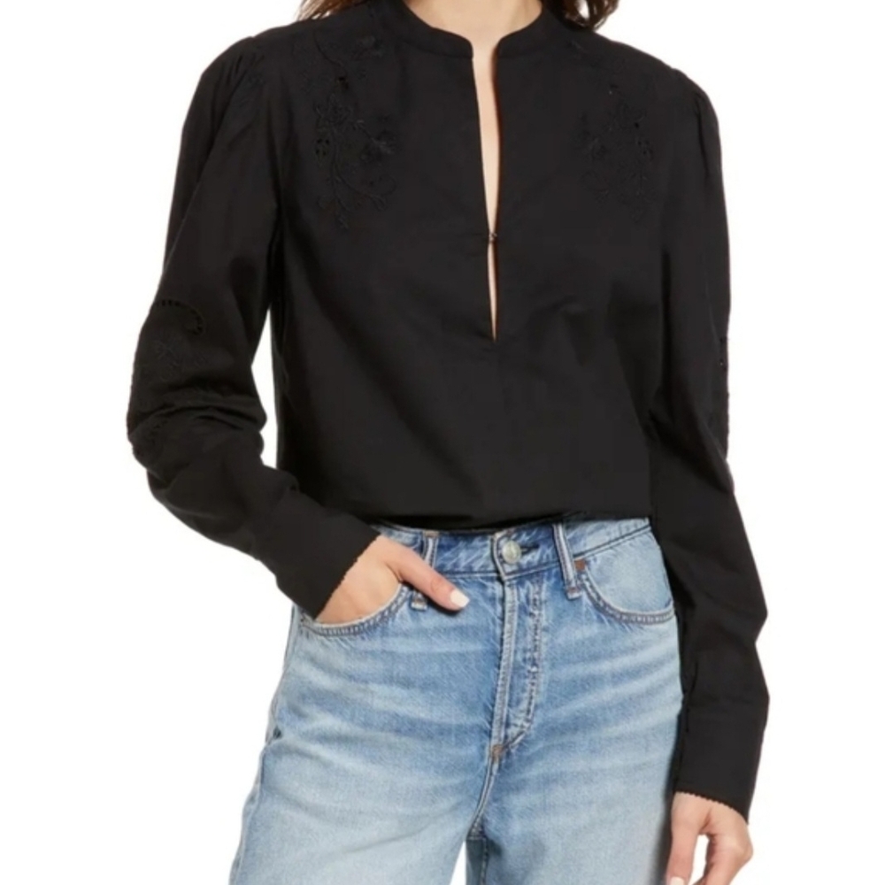 Rag & Bone Jade Embroidered Blouse, Stand-up Collar, Black, Sz L